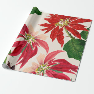 Rustic Red Watercolor Poinsettia Floral Greenery  Wrapping Paper
