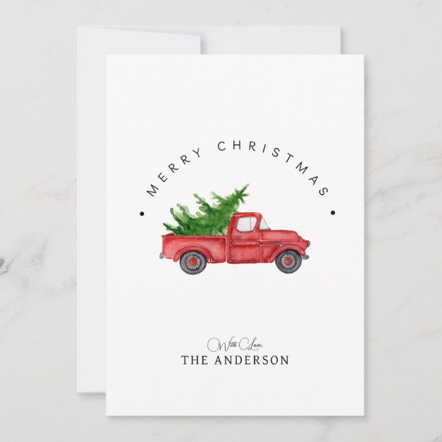 Rustic Red Watercolor Truck With Christmas Tree  Holiday Card (Front)