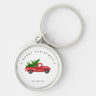 Rustic Red Watercolor Truck With Christmas Tree Keychain