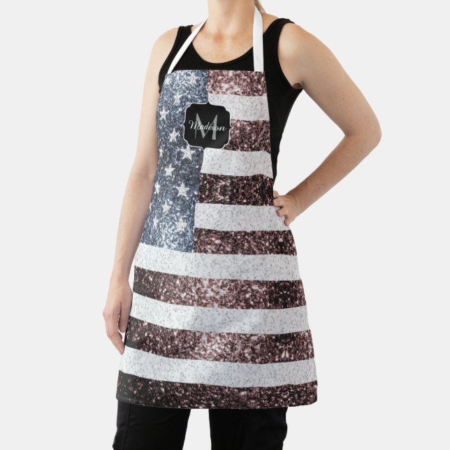 Rustic Red White Blue Sparkles USA flag Monogram Apron (Insitu)