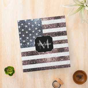Rustic Red White Blue Sparkles USA flag Monogram Binder