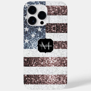 Rustic Red White Blue Sparkles USA flag Monogram Case-Mate iPhone 14 Pro Max Case
