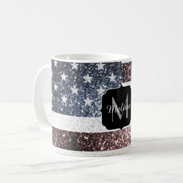 Rustic Red White Blue Sparkles USA flag Monogram Coffee Mug (Front Left)