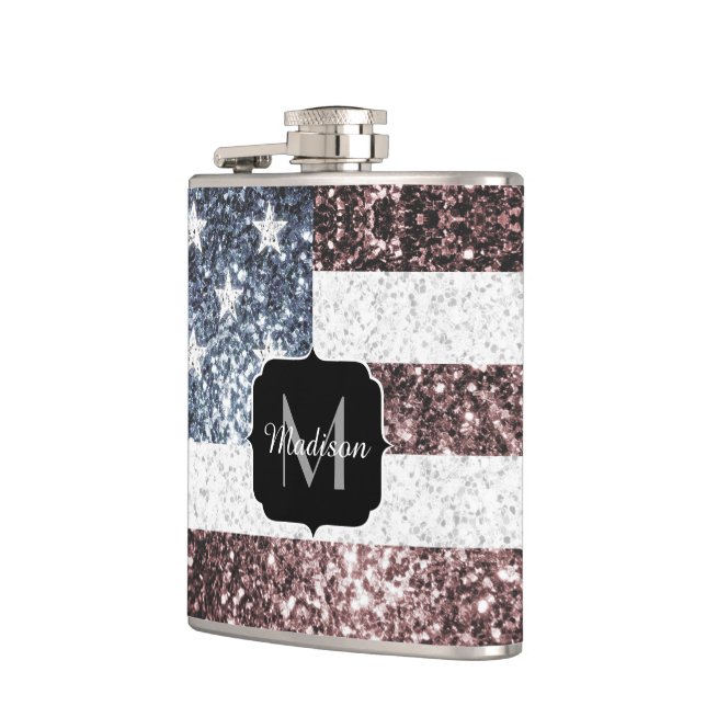 Rustic Red White Blue Sparkles USA flag Monogram Hip Flask (Left)