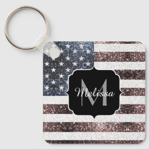 Rustic Red White Blue Sparkles USA flag Monogram K Keychain