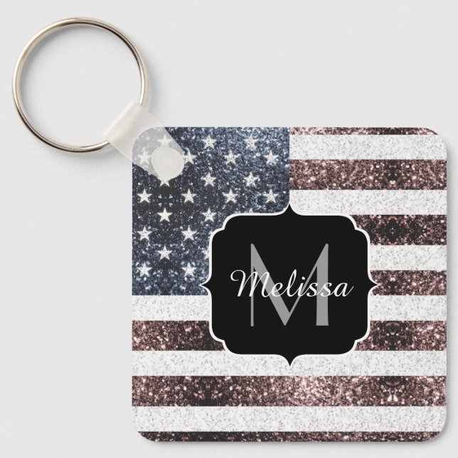 Rustic Red White Blue Sparkles USA flag Monogram K Keychain (Front)