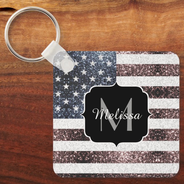Rustic Red White Blue Sparkles USA flag Monogram K Keychain (Front)