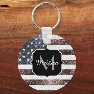 Rustic Red White Blue Sparkles USA flag Monogram Keychain