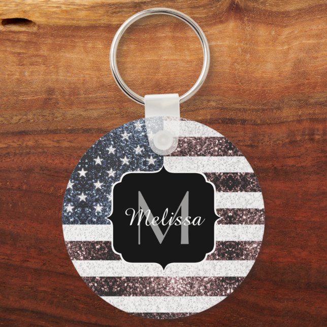 Rustic Red White Blue Sparkles USA flag Monogram Keychain (Back)