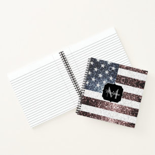 Rustic Red White Blue Sparkles USA flag Monogram Notebook