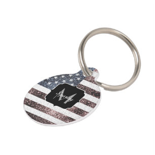 Rustic Red White Blue Sparkles USA flag Monogram Pet Tag