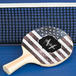 Rustic Red White Blue Sparkles USA flag Monogram Ping Pong Paddle
