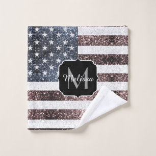 Rustic Red White Blue Sparkles USA flag Monogram Wash Cloth