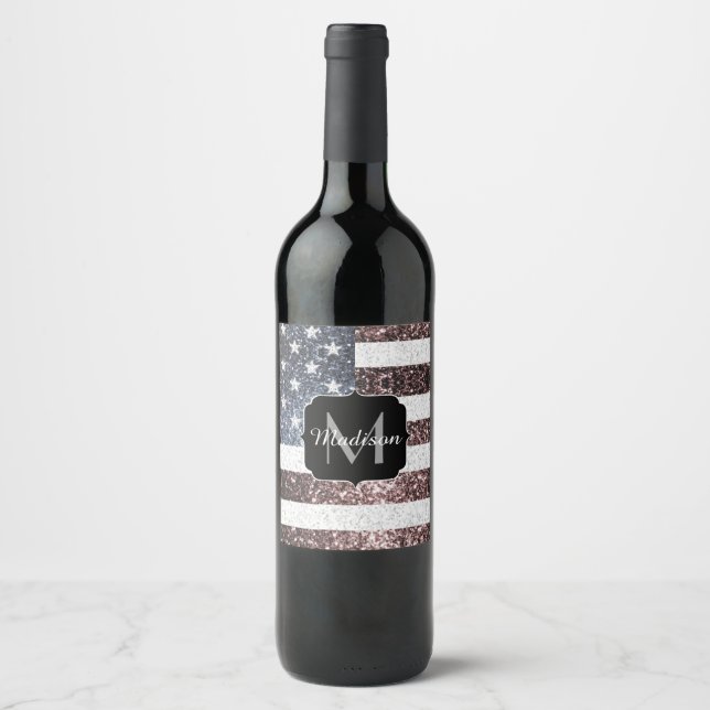 Rustic Red White Blue Sparkles USA flag Monogram Wine Label (Front)