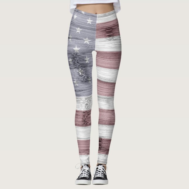 Rustic Red White Blue Wood USA flag America Leggings (Front)
