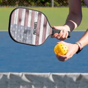 Rustic Red White Blue Wood USA flag America Name  Pickleball Paddle