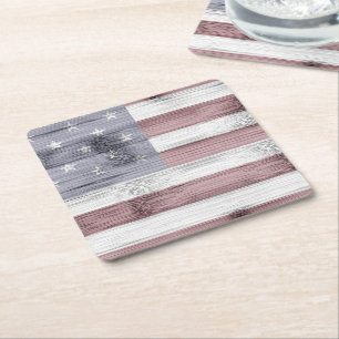Rustic Red White Blue Wood USA flag America Square Paper Coaster