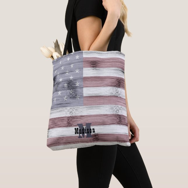Rustic Red White Blue Wood USA flag Monogram Tote Bag (Close Up)