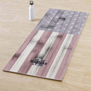 Rustic Red White Blue Wood USA flag Monogram Yoga Mat