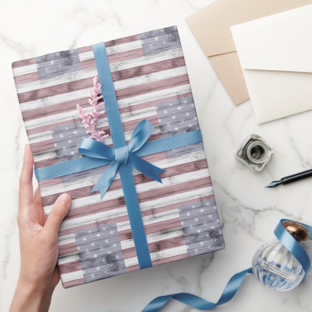 Rustic Red White Blue Wood USA flag pattern Wrapping Paper (Gifting)