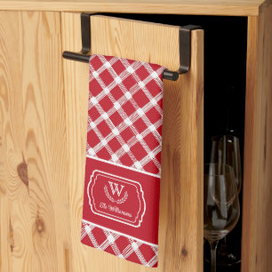 Rustic Red & White Farmhouse Custom Monogram Kitchen Towel