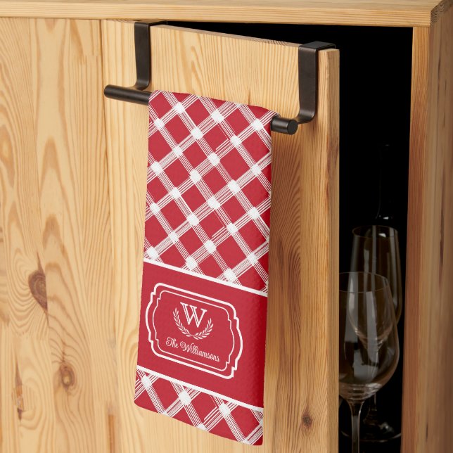 Rustic Red & White Farmhouse Custom Monogram Kitchen Towel (Thirds Fold)