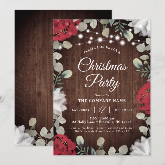 Rustic Red White Floral Lights Christmas Party  Invitation (Front/Back)