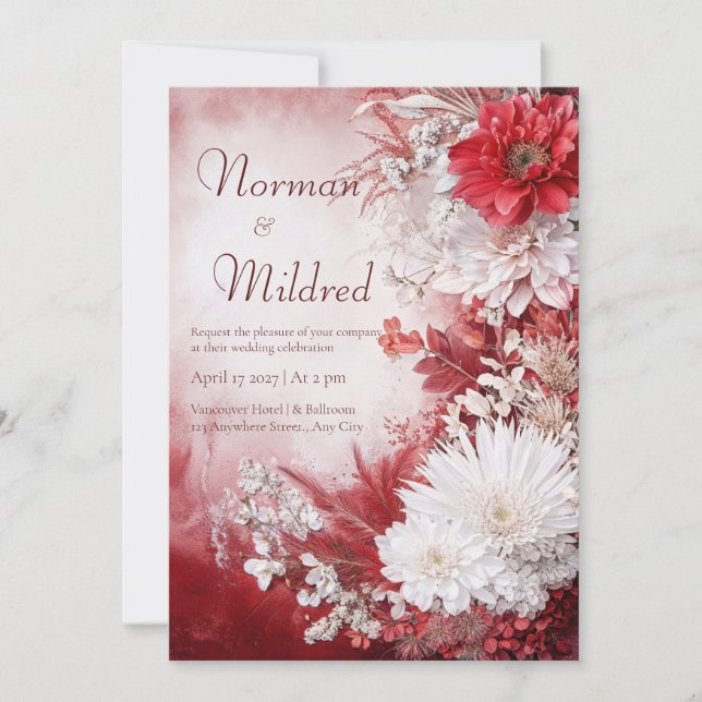 Rustic Red & White Floral Wedding Invitation (Front)