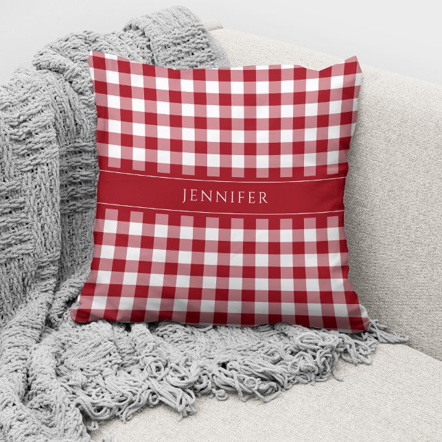Rustic Red & White Gingham Pattern Name Throw Pillow (Creator Uploaded)
