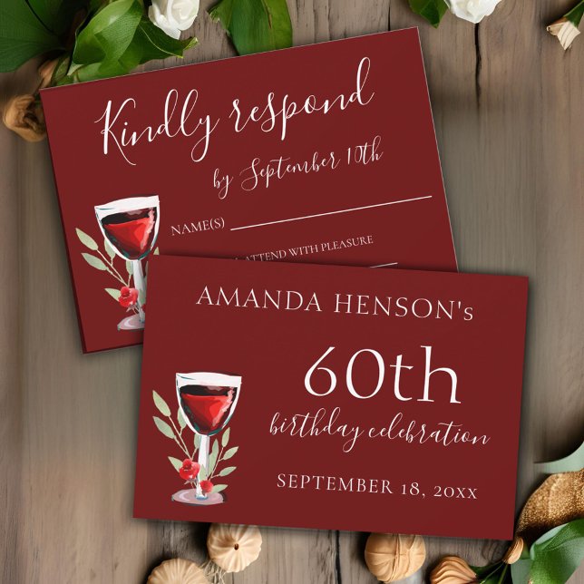 Rustic Red Wine Glass 60th Birthday Party  RSVP Card (Creator Uploaded)