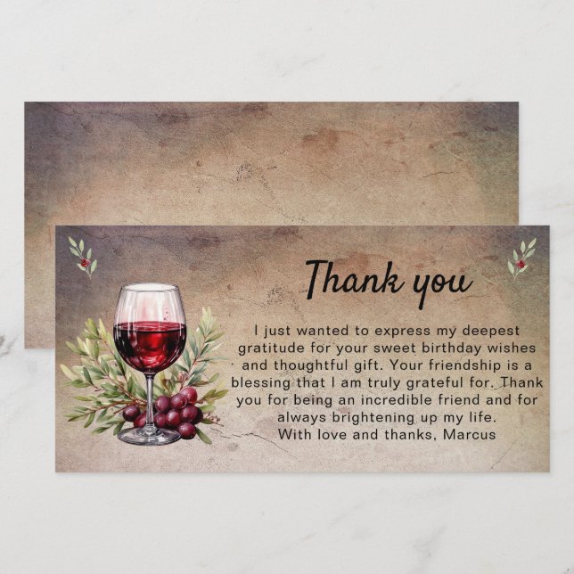 Rustic Red Wine Glass Olive Leaves Birthday Thank You Card (Front/Back)