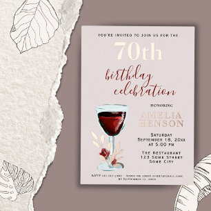 Rustic Red Wine Glass Rose Botanical 70th Birthday