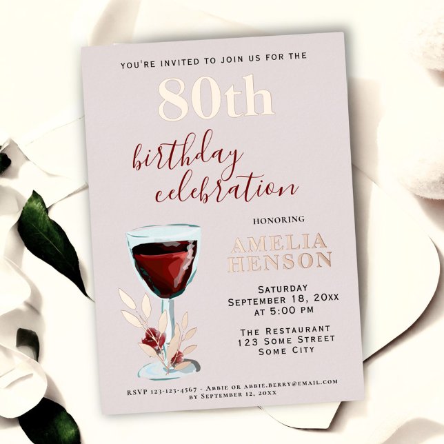 Rustic Red Wine Glass Rose Botanical 80th Birthday (Creator Uploaded)
