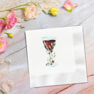 Rustic Red Wine Glass Rose Watercolor Botanical Napkin