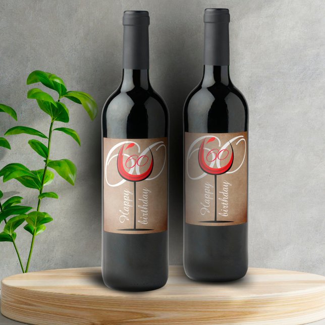 Rustic Red Wine Glass Script 60th Birthday  Wine Label (Creator Uploaded)