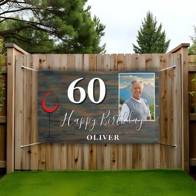 Rustic Red Wine Photo 60th Birthday Party Banner (Creator Uploaded)