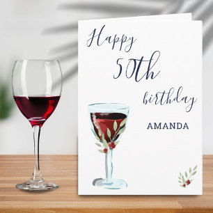 Rustic Red Wine Rose Watercolor 50th Birthday Card