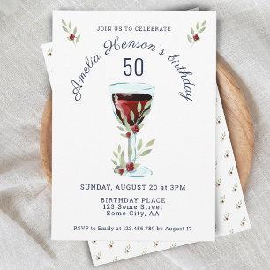 Rustic Red Wine Rose Watercolor 50th Birthday Invitation