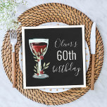 Rustic Red Wine Rose Watercolor 60th Birthday  Napkin<br><div class="desc">Rustic Red Wine Glass Rose Watercolor 60th Birthday Napkins. The design has watercolor red wine glass,  roses and olive twigs on a black background. The text is fully customizable - personalize it with your age.</div>