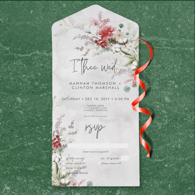 Rustic Red Winter Berries & Boho Cotton Dinner All In One Invitation (Rustic Red Winter Berries & Boho Cotton Dinner All In One Invitation)