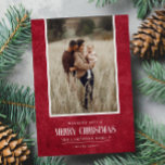 Rustic Red Winter Christmas Single Photo Holiday Card<br><div class="desc">This simple and rustic holiday design features your best portrait photo over a rustic paper texture in dark red colour and the word "Merry Christmas" in vintage script text . Perfect for farmhouse style greeting cards. Easily add your best photo, your family names and year using the template. Add a...</div>