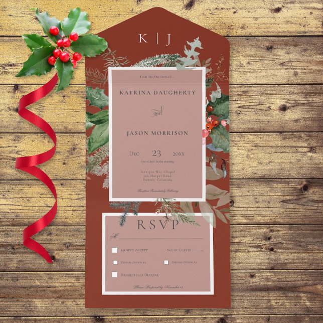 Rustic Red Winter Holly & Pine Dinner All In One Invitation (Also available with a QR code or without dinner selection options.)
