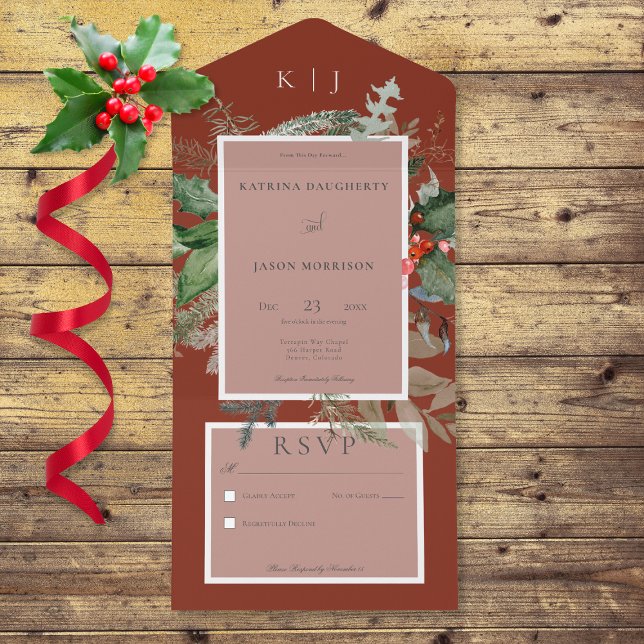Rustic Red Winter Holly & Pine No Dinner All In One Invitation (Also available with a QR code or with dinner selection options.)
