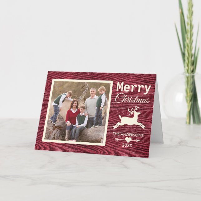 Rustic Red Wood Reindeer Christmas Family Photo Holiday Card (Front)