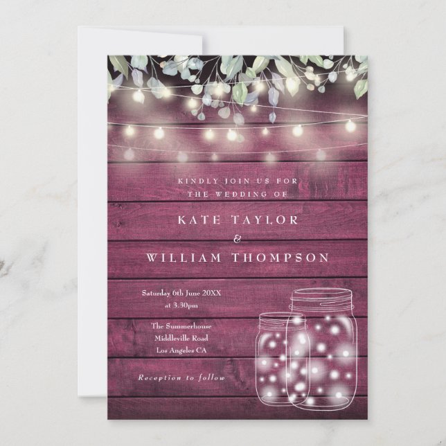 Rustic Red Wood String Lights Mason Jar Wedding Invitation (Front)