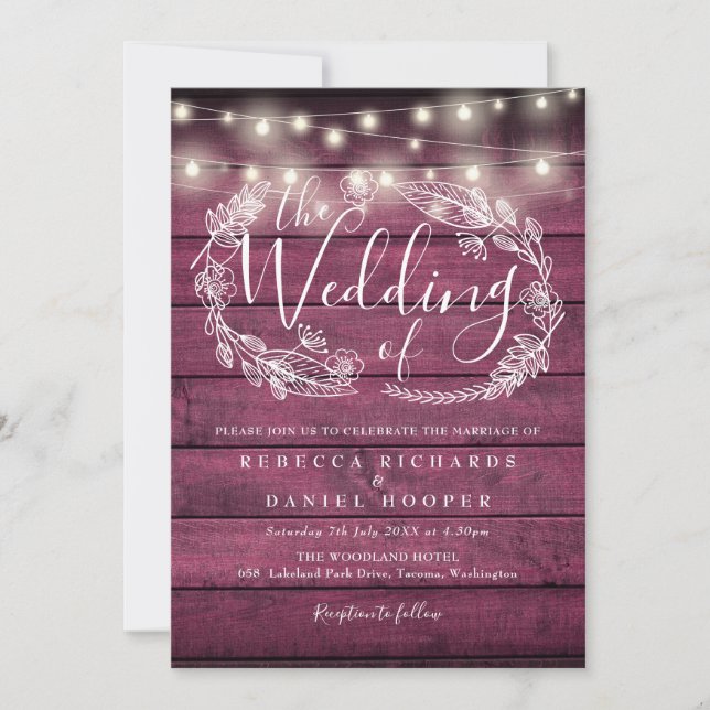Rustic Red Wood String Lights Script Wedding Invitation (Front)