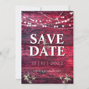 Rustic Red Wood String Lights Wedding Save The Date