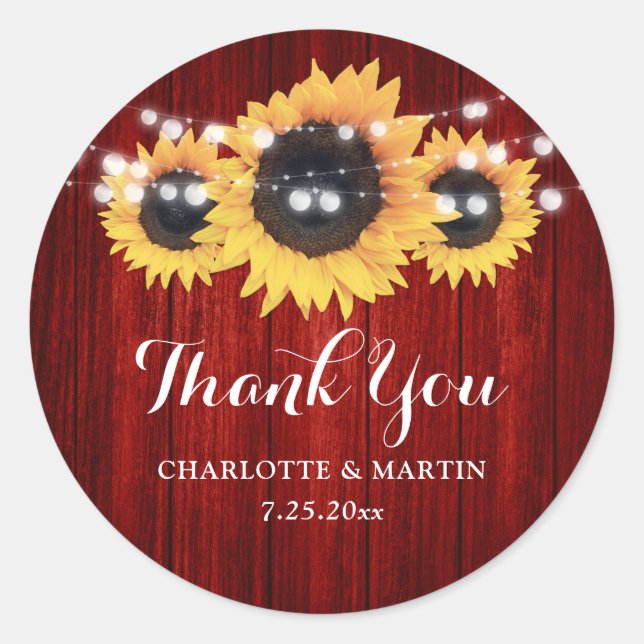 Rustic Red Wood Sunflower Wedding Favour Classic Round Sticker (Front)