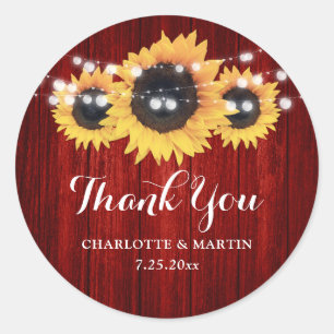 Rustic Red Wood Sunflower Wedding Favour Classic Round Sticker