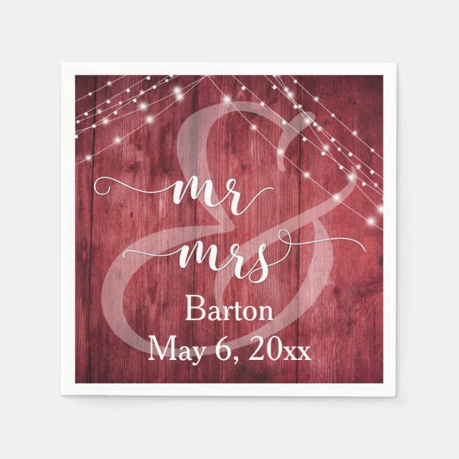 Rustic Red Wood, White Light Strings Mr & Mrs Napkin (Front)